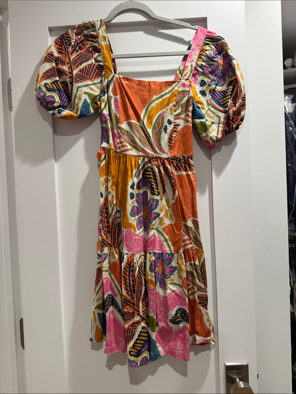Floral Puff-Sleeve Tiered Dress in Pink & Orange